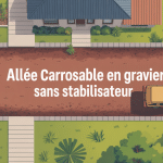 Vue aérienne allée carrossable gravier sans stabilisateur devant maison