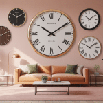 horloge murale design pour salon sur mur élégant avec mobilier contemporain