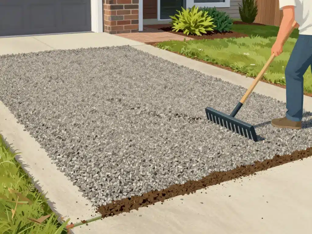 Personne étale gravier allée carrossable gravier sans stabilisateur