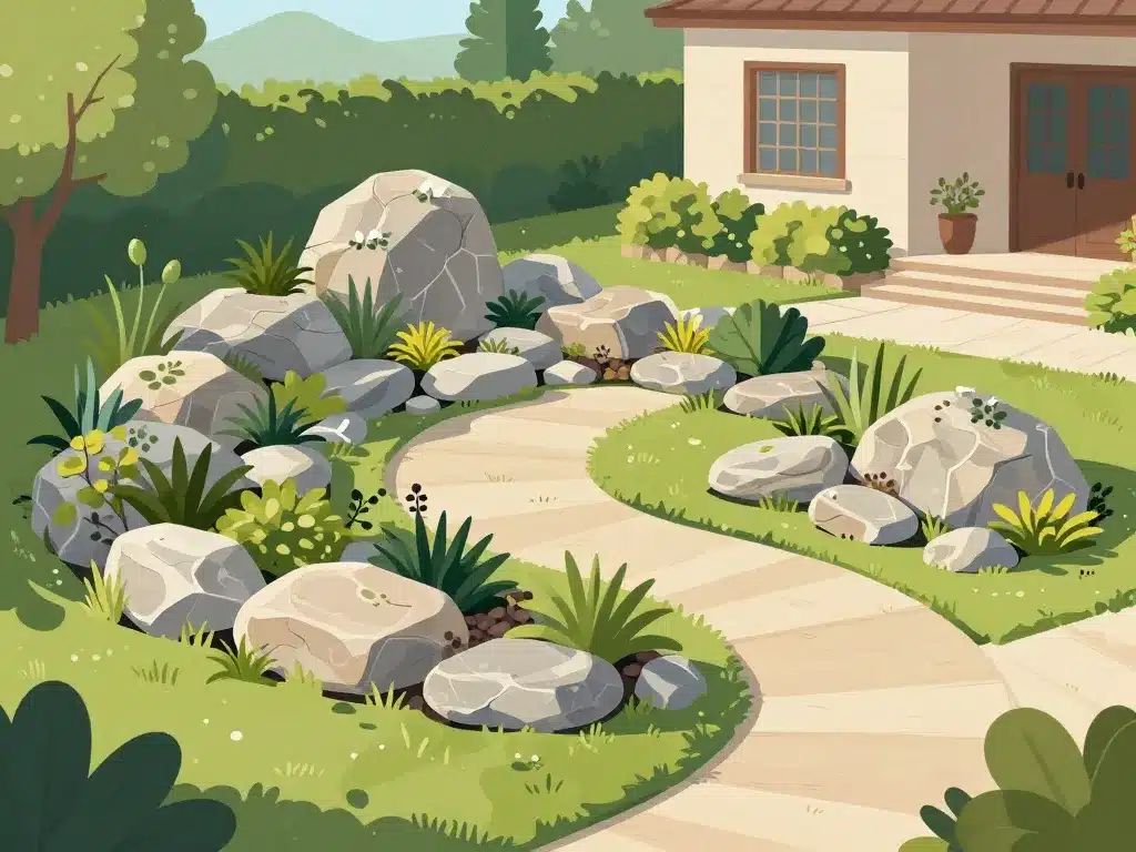 rocaille en pierre intégrée dans jardin vue large