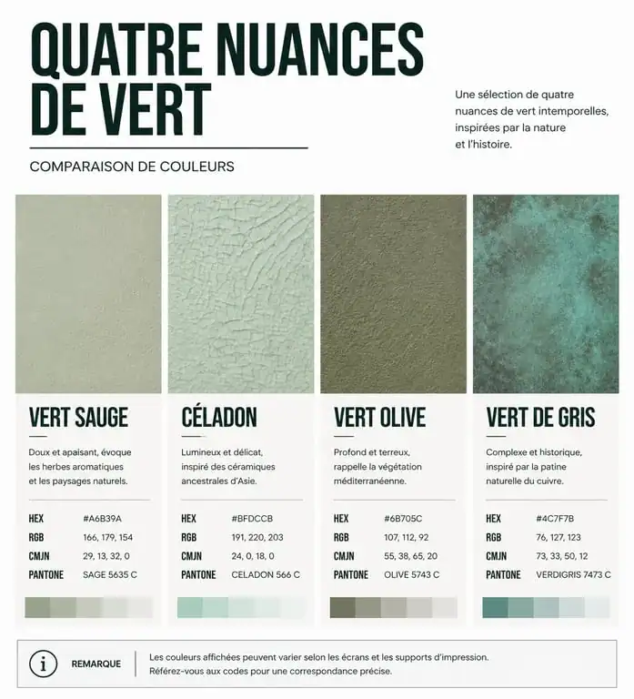 Comparatif des nuances de vert : vert sauge, céladon, olive et vert-de-gris pour la décoration intérieure