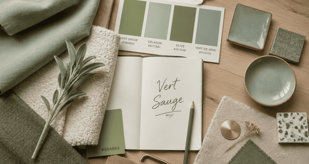 Moodboard couleurs vert sauge et matériaux naturels
