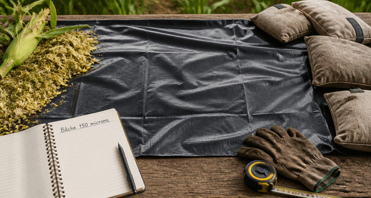 bâche noir agricole déployée avec accessoires