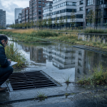 bassin de rétention urbain après pluie avec technicien