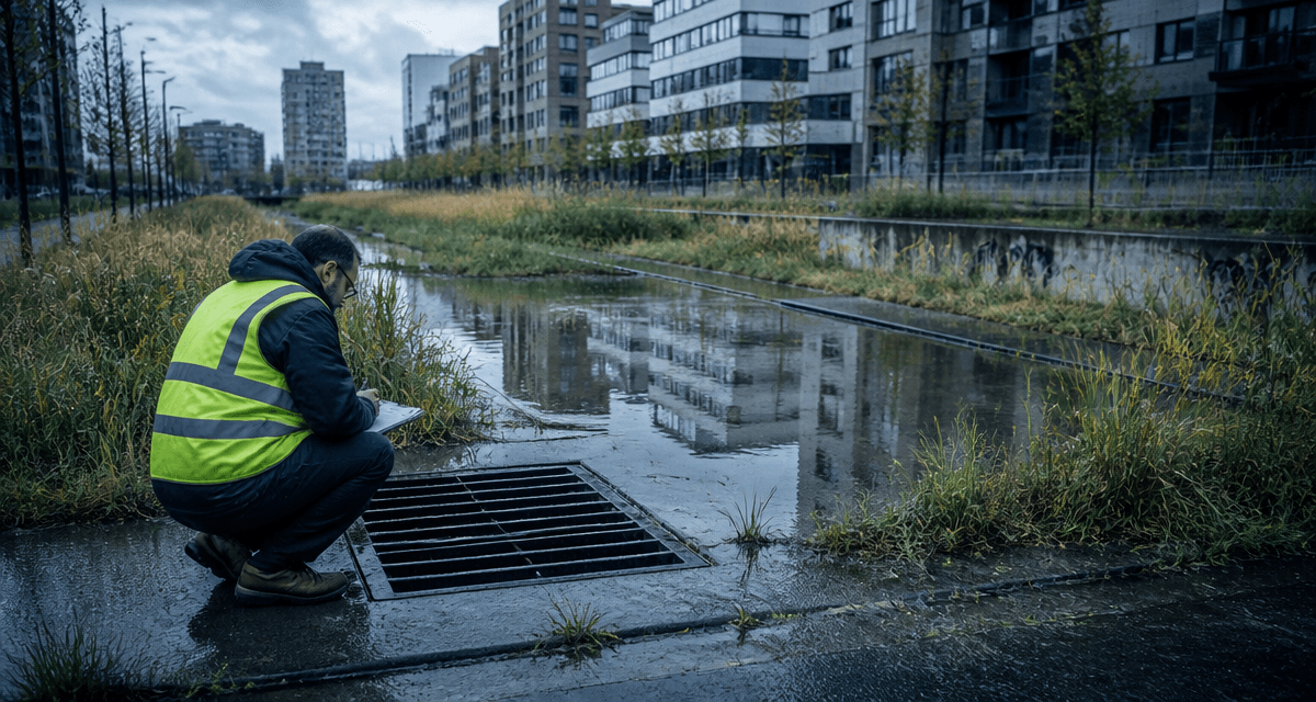 bassin de rétention urbain après pluie avec technicien