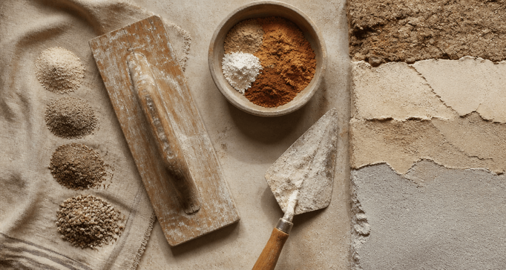 Chaux enduit outils pigments sur plan de travail
