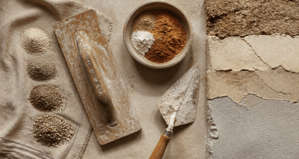 Chaux enduit outils pigments sur plan de travail