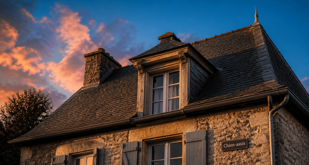 chien assis maison sur toit ardoise