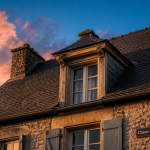 chien assis maison sur toit ardoise