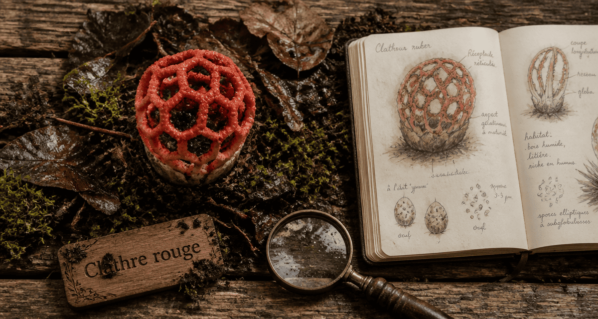 champignon rouge clathre rouge sur feuilles mortes