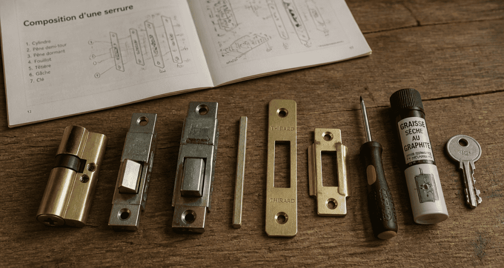 composition d une serrure pieces sur table