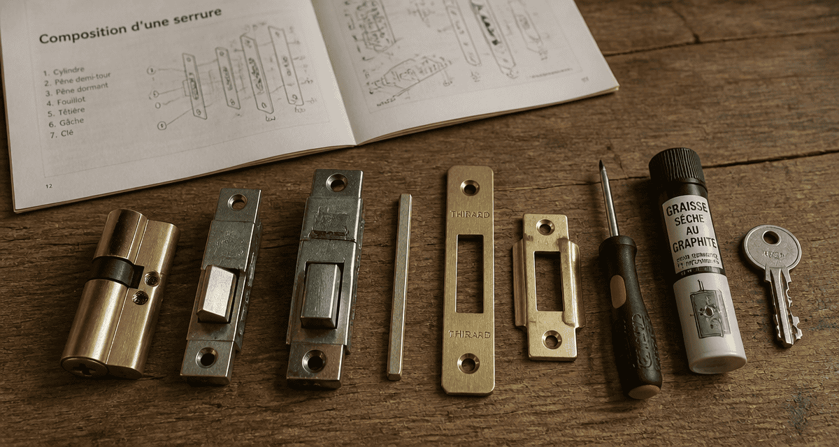 composition d une serrure pieces sur table