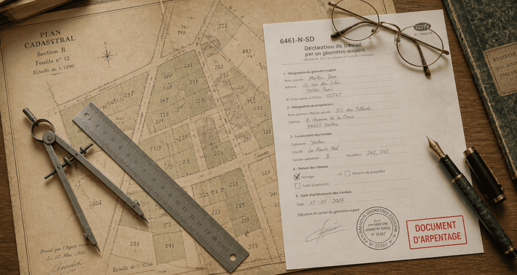 document d arpentage sur bureau de notaire