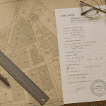 document d arpentage sur bureau de notaire