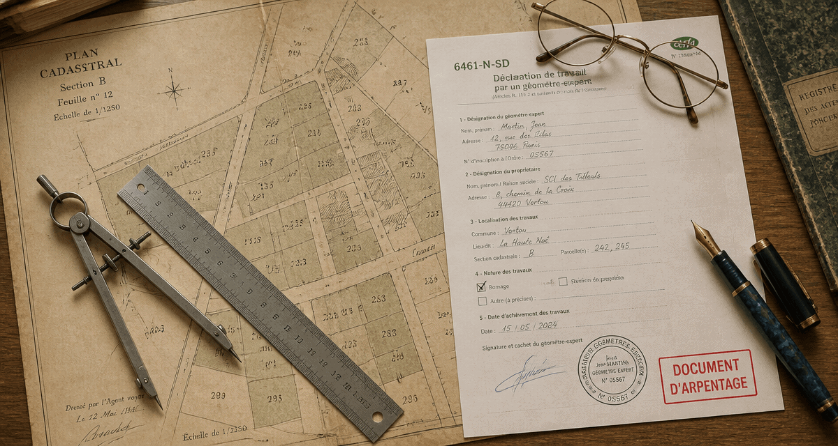 document d arpentage sur bureau de notaire