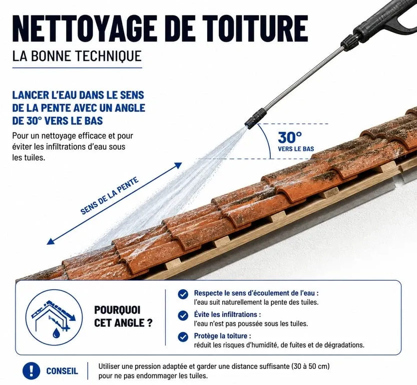 Schéma technique montrant l'angle d'attaque correct pour le nettoyage toiture karcher afin d'éviter les infiltrations d'eau.