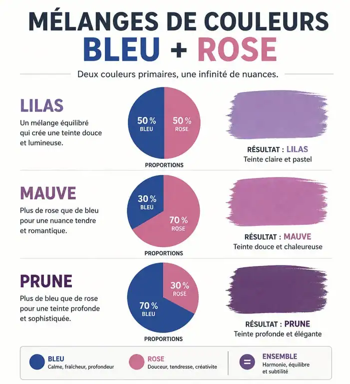 Infographie des mélanges de bleu et rose pour obtenir du lilas, mauve et prune