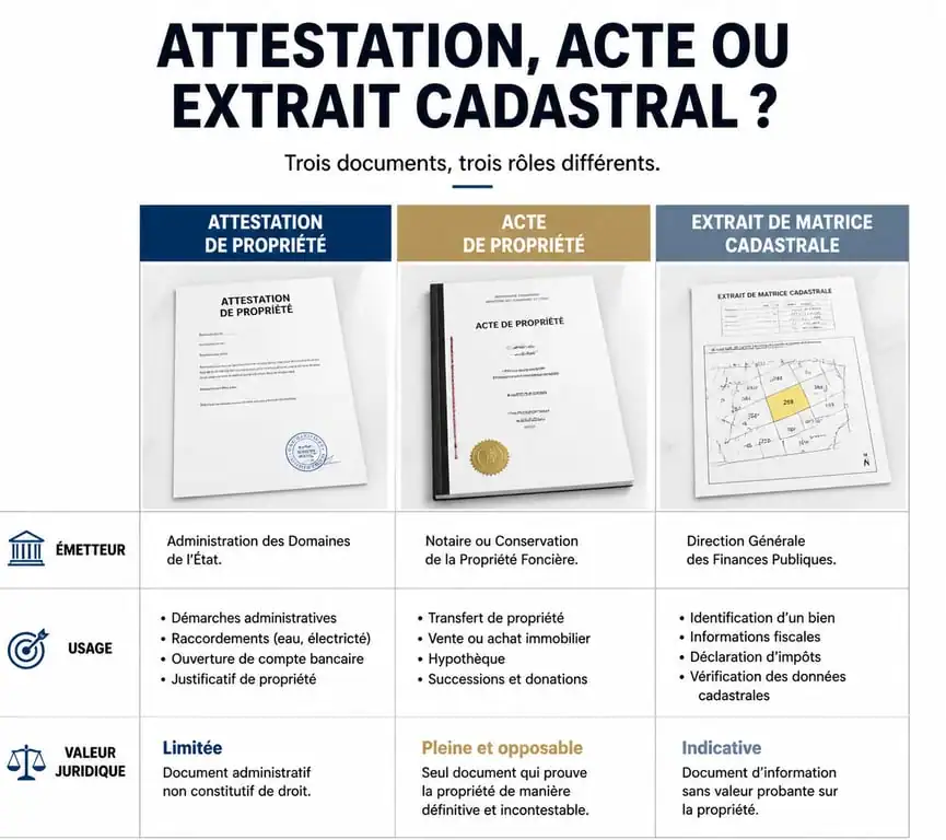 Comparatif des documents de propriété immobilière : attestation, acte et extrait cadastral