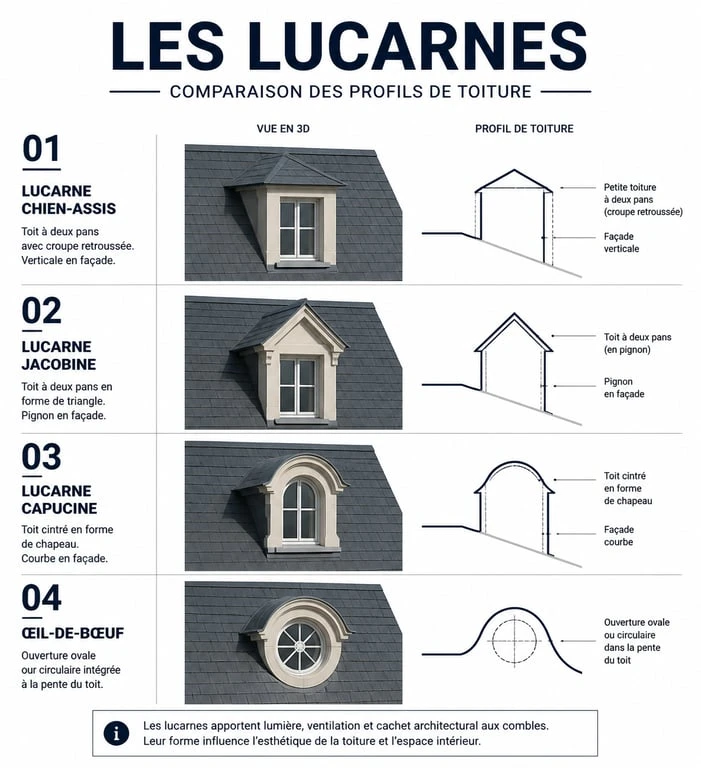 Comparatif visuel des types de lucarnes pour maison : chien-assis, jacobine, capucine et œil-de-bœuf
