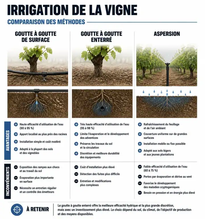 Comparatif des techniques d'arrosage des vignes : goutte à goutte et aspersion