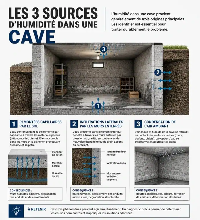 Schéma explicatif des causes de l'humidité dans une cave : remontées capillaires, infiltrations et condensation