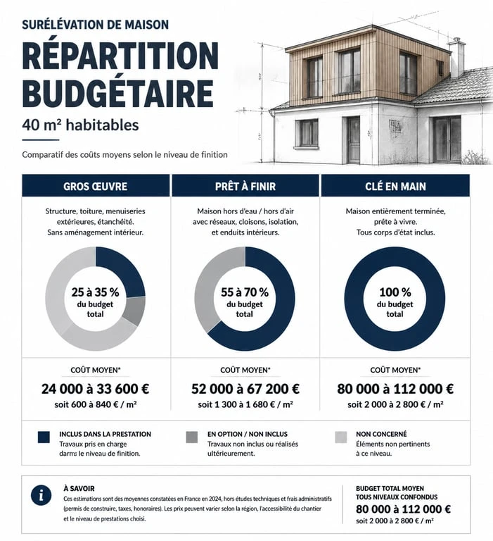 Répartition du budget pour une surélévation de maison de 40m2 : gros œuvre, prêt à finir et clé en main.