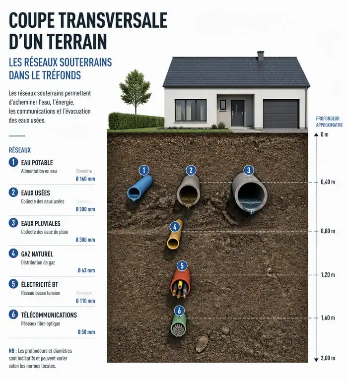 Schéma explicatif d'une servitude de tréfonds montrant les réseaux enterrés sous une propriété