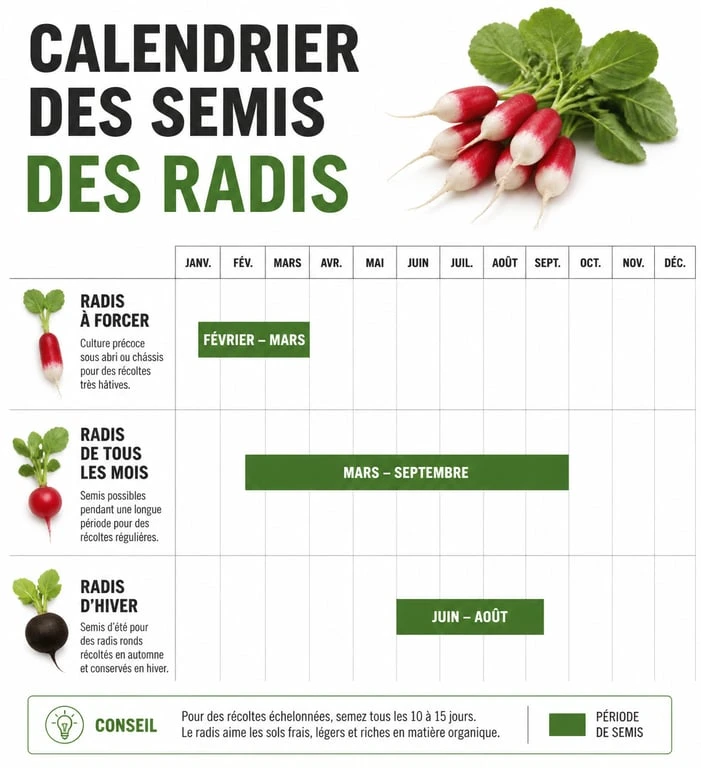 Calendrier de semis des radis : périodes idéales pour semer les radis de printemps, d'été et d'hiver au potager.