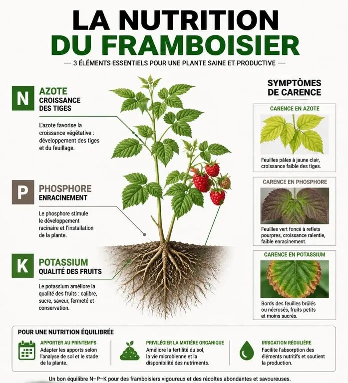 Infographie sur les besoins en engrais du framboisier et symptômes de carences nutritionnelles