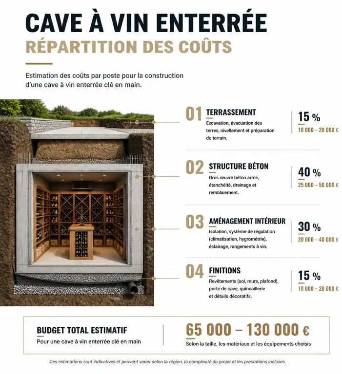 Répartition des coûts d'une cave à vin enterrée : terrassement, structure et aménagement