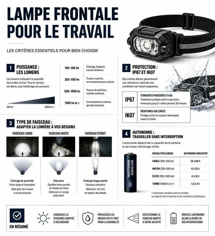 Infographie des critères techniques pour choisir la meilleure lampe frontale pour travailler