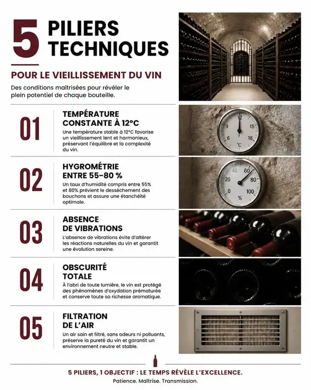 Infographie des 5 piliers techniques pour le vieillissement du vin en cave