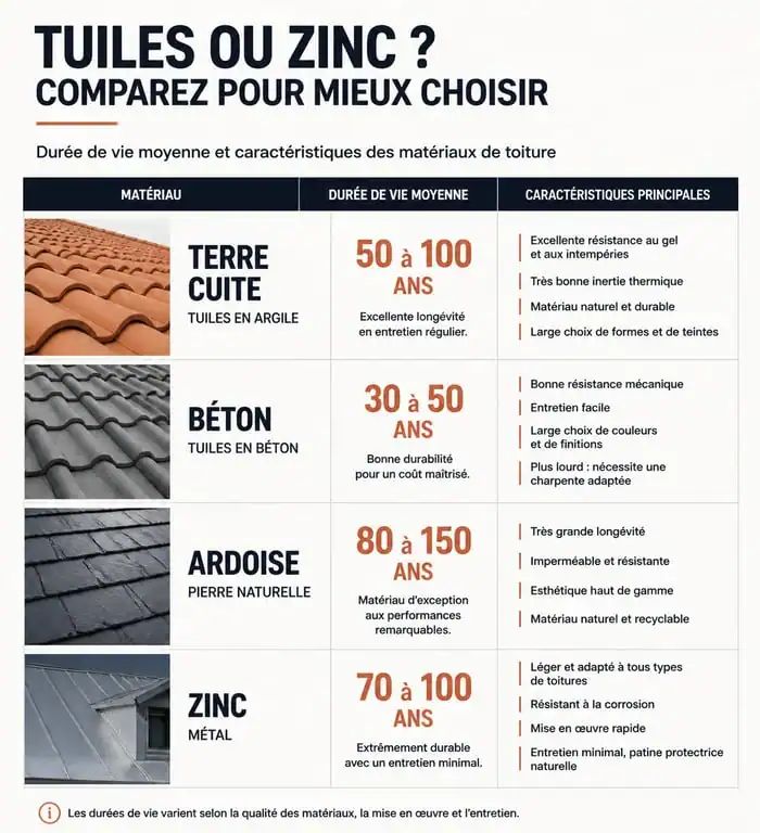 Infographie comparative durée de vie tuiles terre cuite, béton, ardoise et zinc