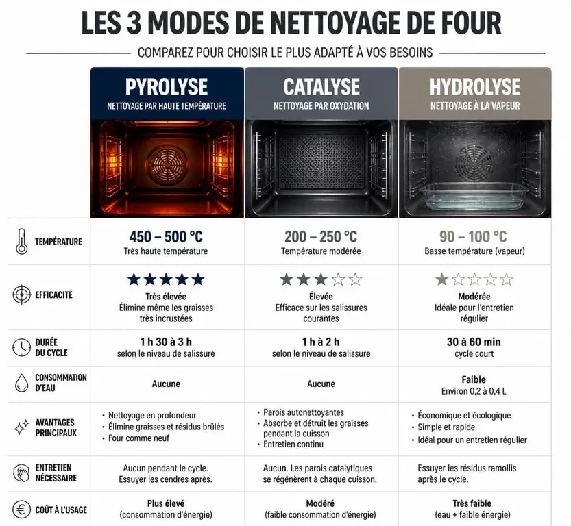 Infographie comparative des modes de nettoyage de four : pyrolyse, catalyse et hydrolyse pour bien choisir son four