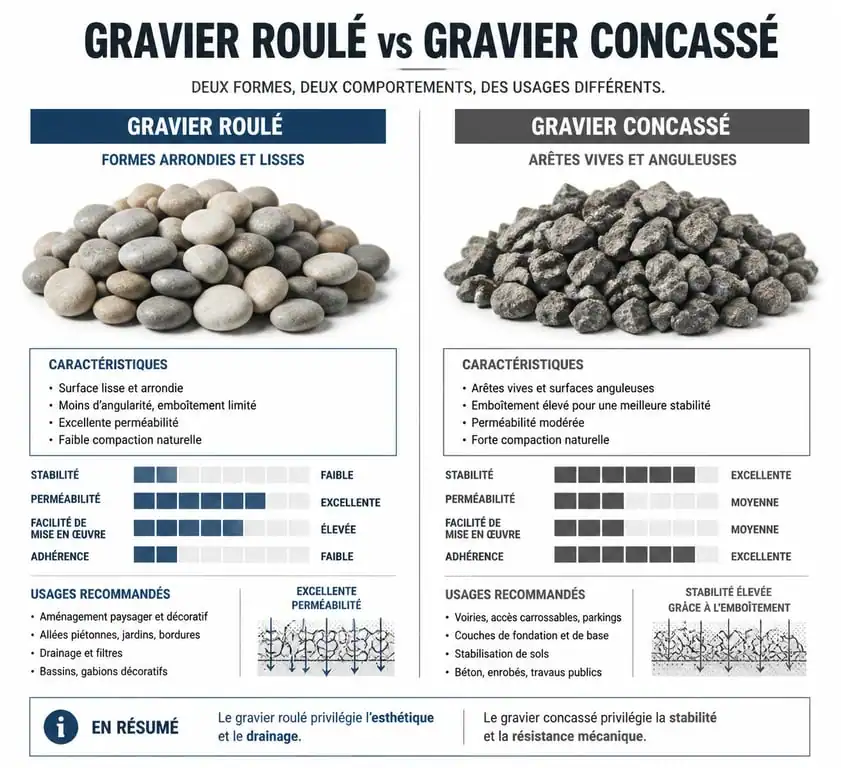 Comparaison visuelle entre gravier roulé et gravier concassé pour terrasse