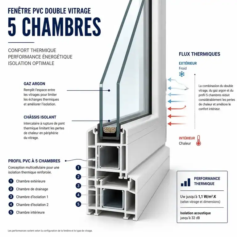 Schéma technique d'une fenêtre double vitrage PVC montrant les coefficients thermiques et la structure du profilé