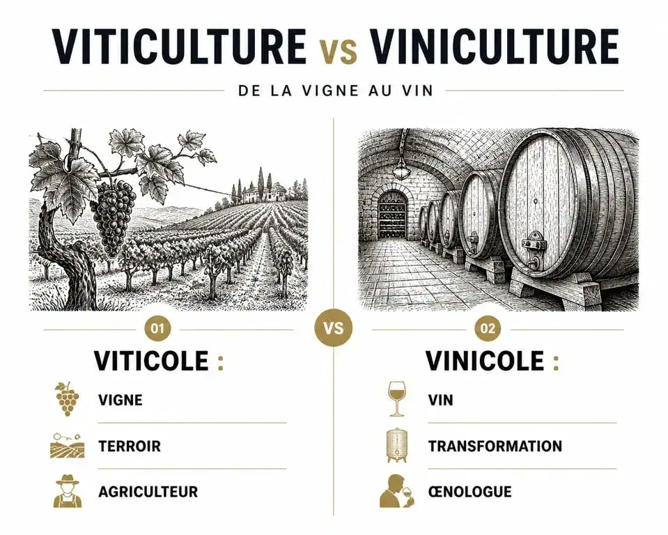 Infographie comparative illustrant la différence entre les termes viticole et vinicole dans la filière du vin