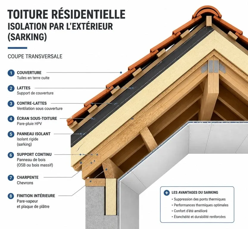 Schéma technique d'une toiture avec isolation sarking pour une rénovation énergétique efficace