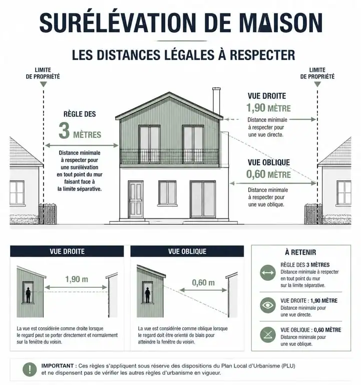 Schéma des distances légales pour une surélévation de maison et voisinage