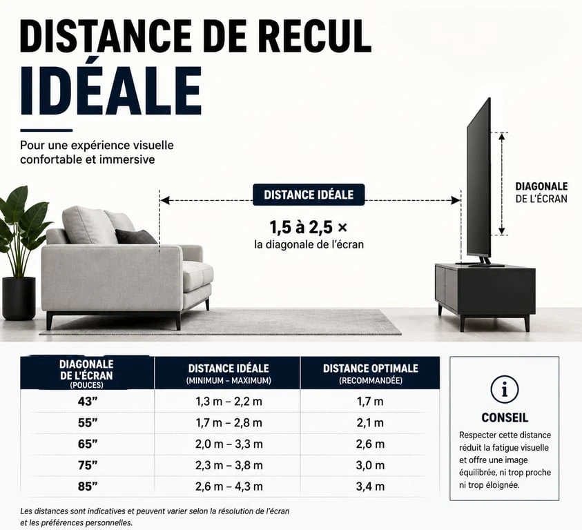 Schéma illustrant la distance idéale entre la télévision et le canapé pour un confort visuel optimal