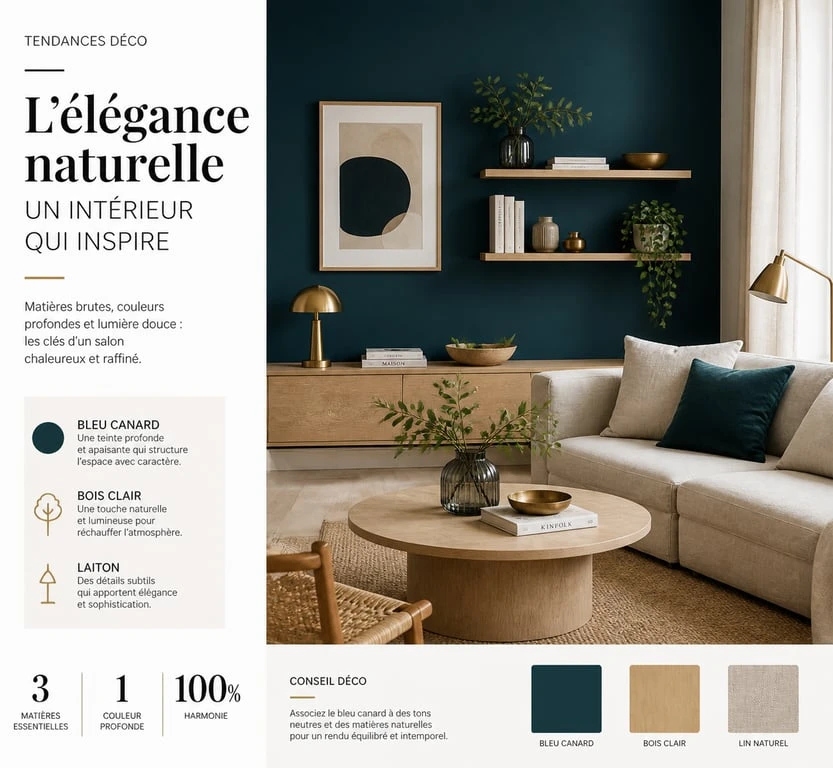 Salon moderne avec un mur peint en bleu canard foncé, décoration intérieure élégante et apaisante.