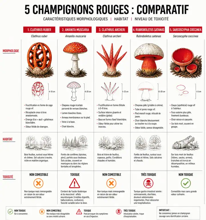 Infographie comparative des principaux champignons rouges : identification, toxicité et habitat