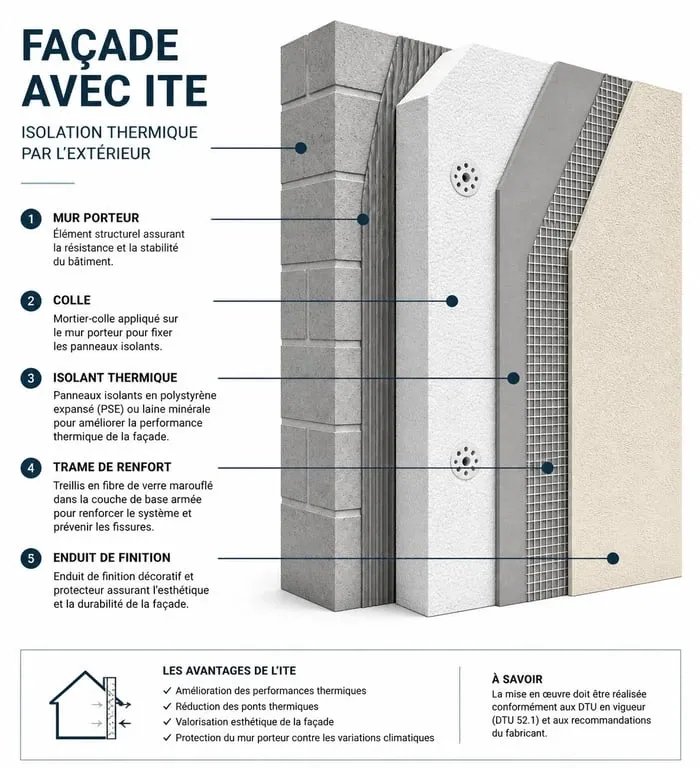 Schéma technique de la composition d'une isolation thermique par l'extérieur (ITE) lors d'un ravalement