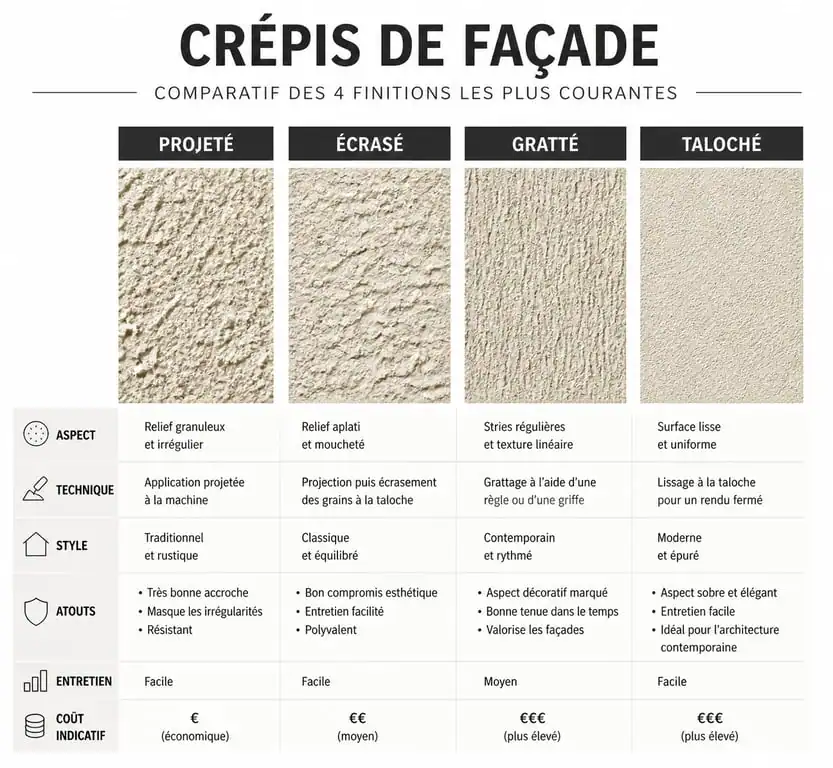 Comparatif des textures de crépi et enduit extérieur : projeté, écrasé, gratté et taloché