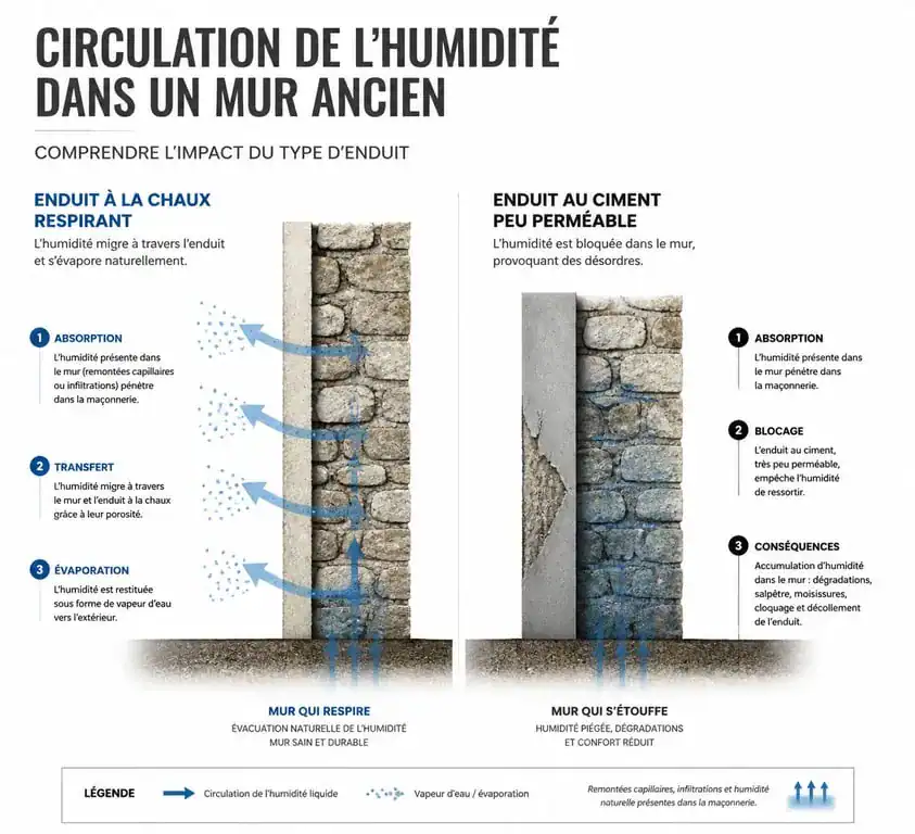 Comparaison technique entre enduit à la chaux respirant et enduit au ciment sur façade ancienne