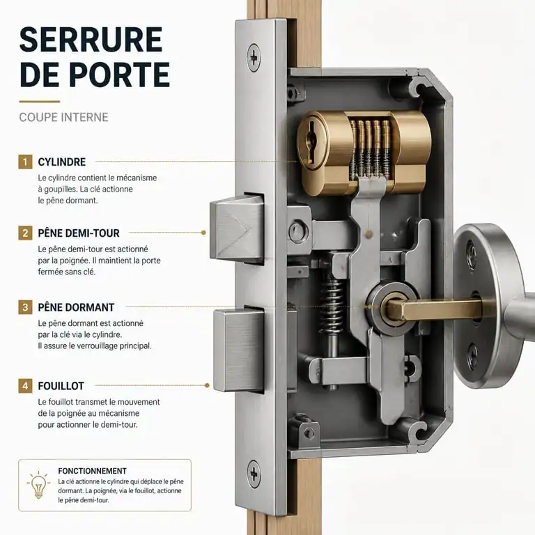 Schéma détaillé de la composition d'une serrure de porte
