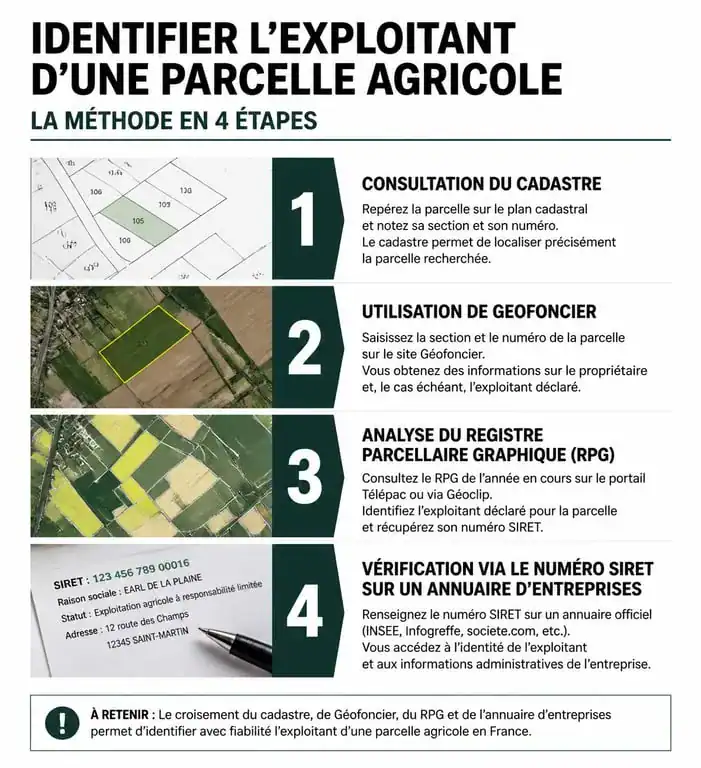 Infographie des étapes pour identifier l'exploitant d'une parcelle agricole en France