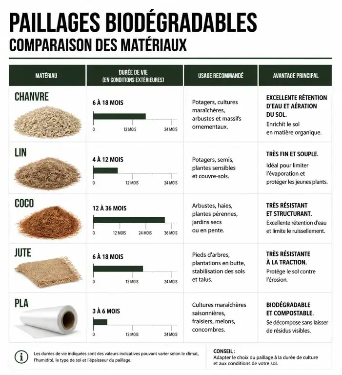 Infographie comparative des matériaux pour toile de paillage biodégradable