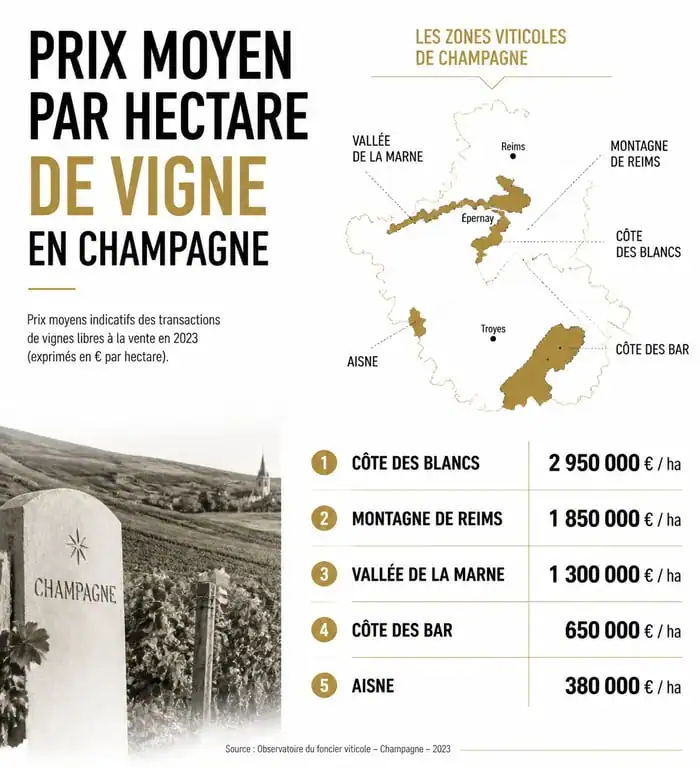Prix moyen d'un hectare de vigne en Champagne par zone géographique