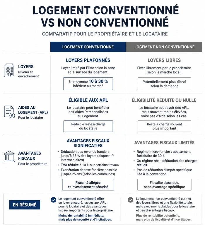 Infographie comparative entre logement conventionné et non conventionné : loyers, aides APL et fiscalité